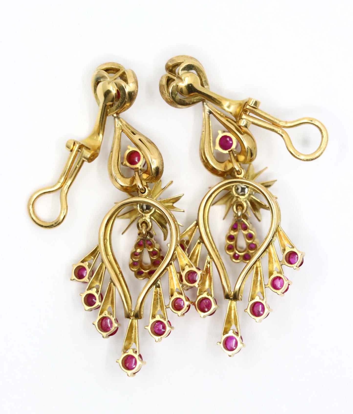 Vintage 18K Gold Ruby Diamonds Chandelier Earrings