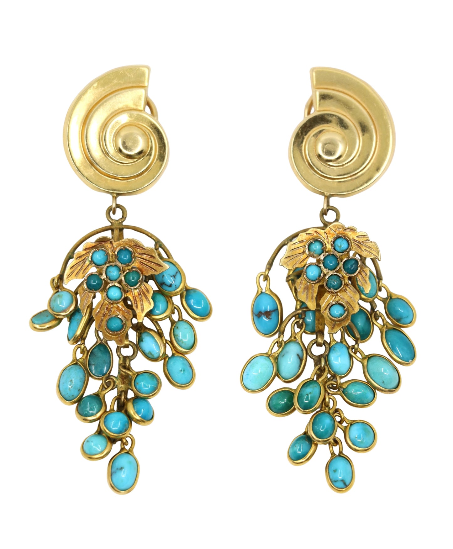 Antique French 18K & 14K Gold Turquoise Cabochon Chandelier Earrings