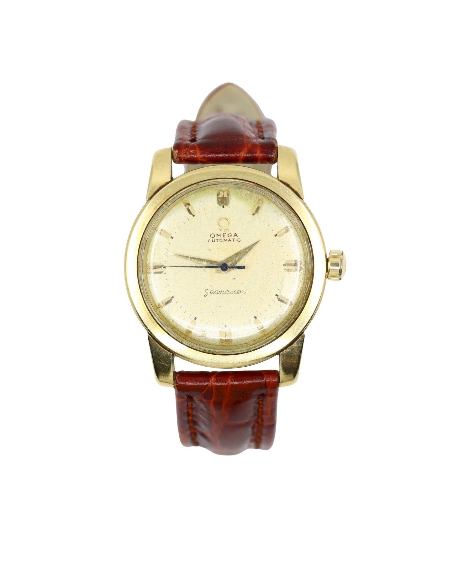 Vintage Omega 14K Gold Automatic Seamaster Brown Leather Watch