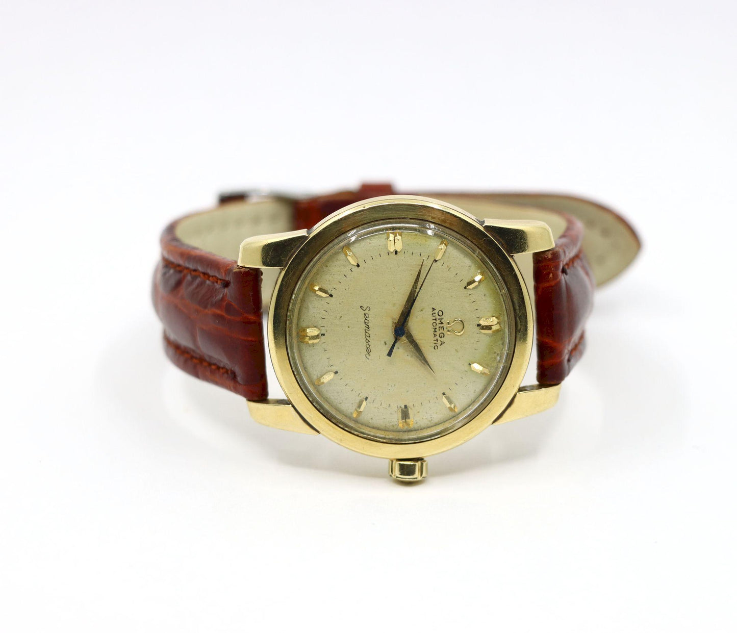 Vintage Omega 14K Gold Automatic Seamaster Brown Leather Watch