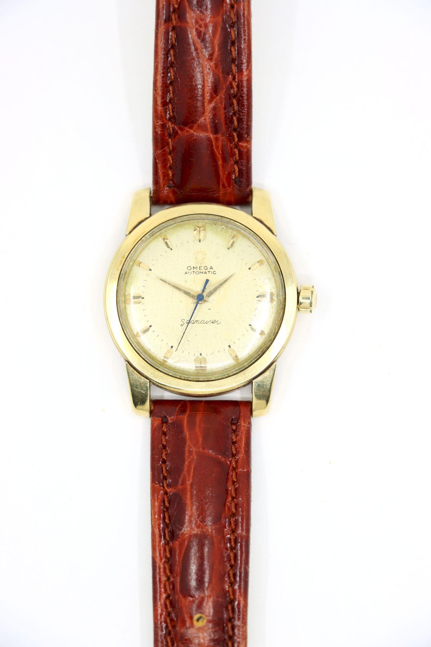 Vintage Omega 14K Gold Automatic Seamaster Brown Leather Watch