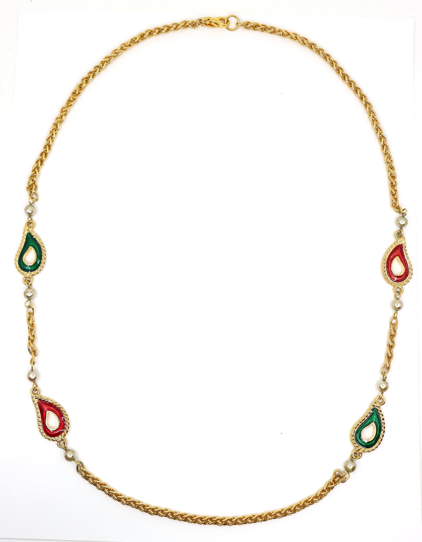 Vintage KJL Gold Tone Enamel Faux Pearl Chain Necklace