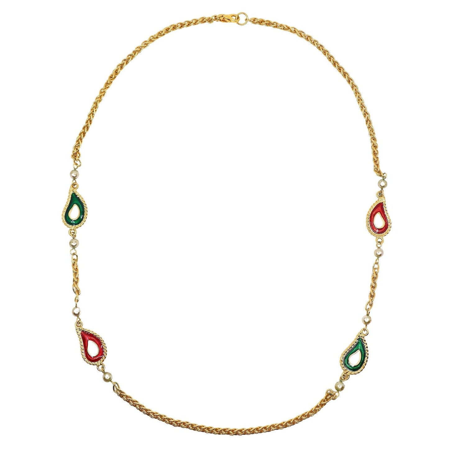 Vintage KJL Gold Tone Enamel Faux Pearl Chain Necklace