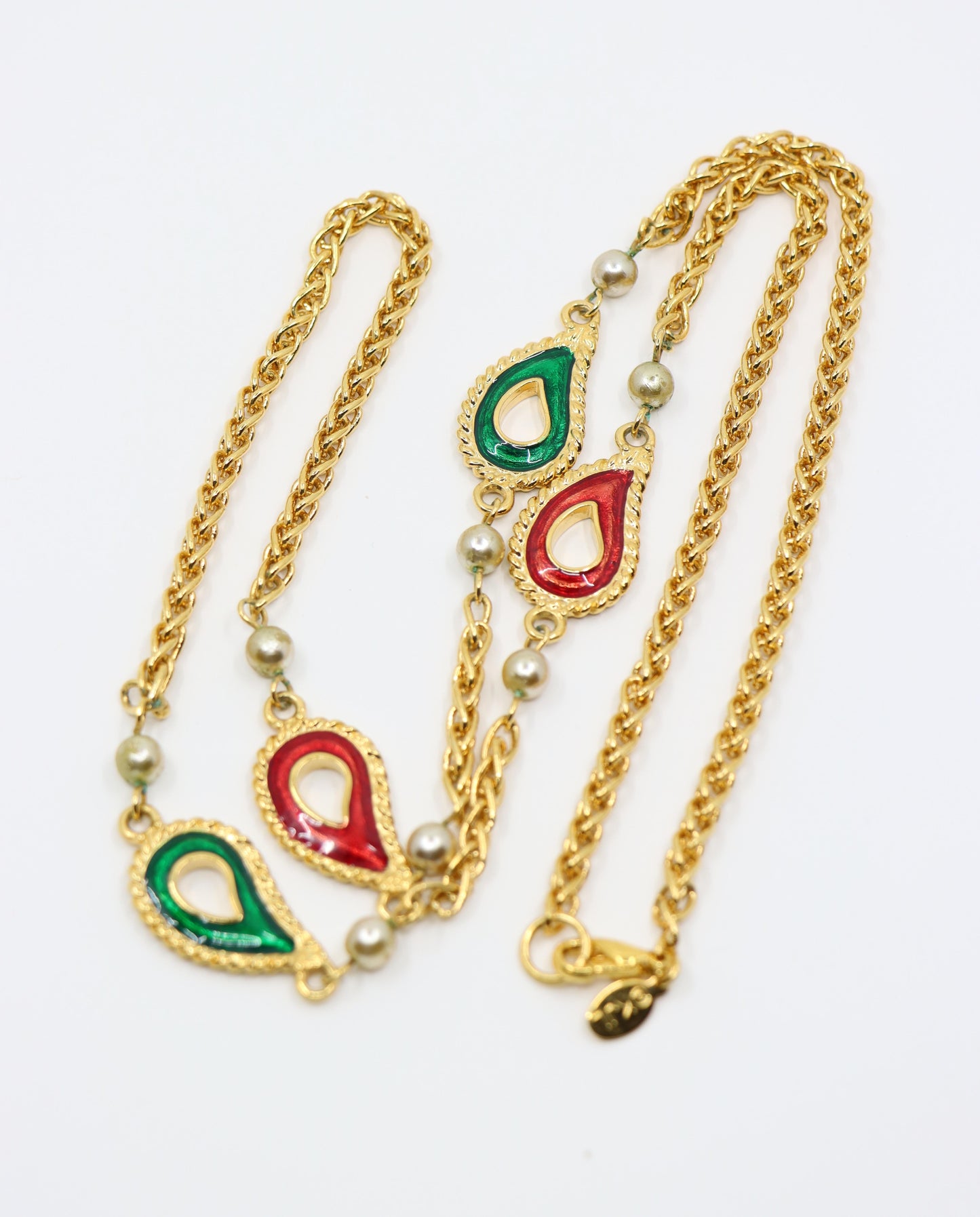 Vintage KJL Gold Tone Enamel Faux Pearl Chain Necklace