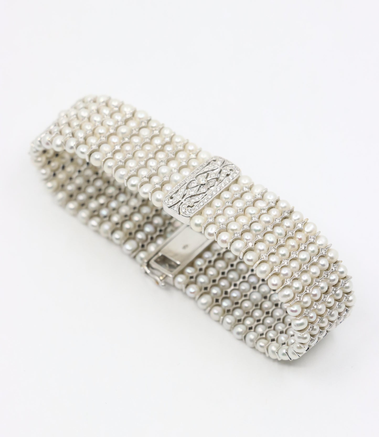 Vintage 18K White Gold Diamond Pearl Bracelet