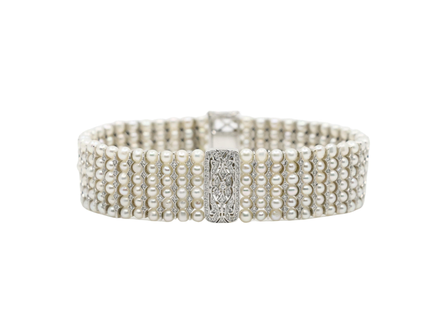 Vintage 18K White Gold Diamond Pearl Bracelet