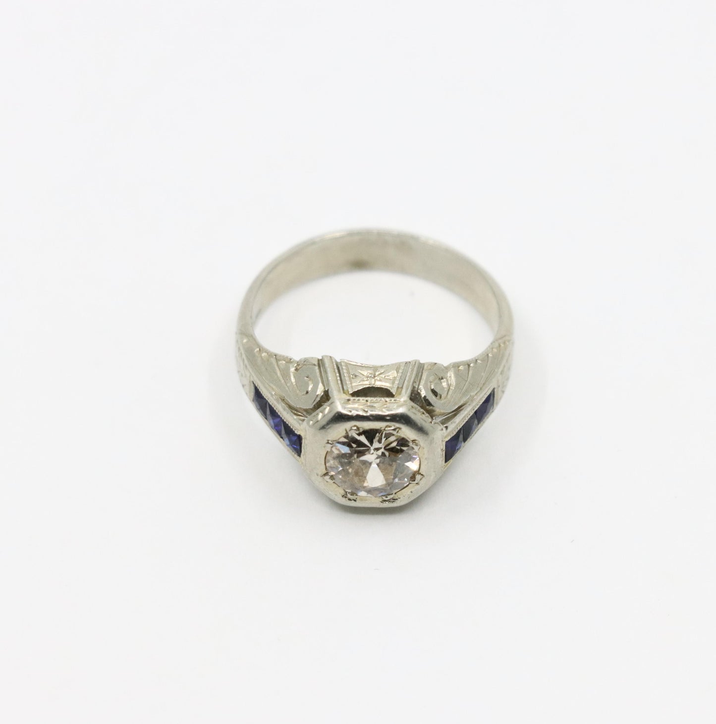 Art Deco Style 18K White Gold Sapphire 1.1 CT Diamond Ring