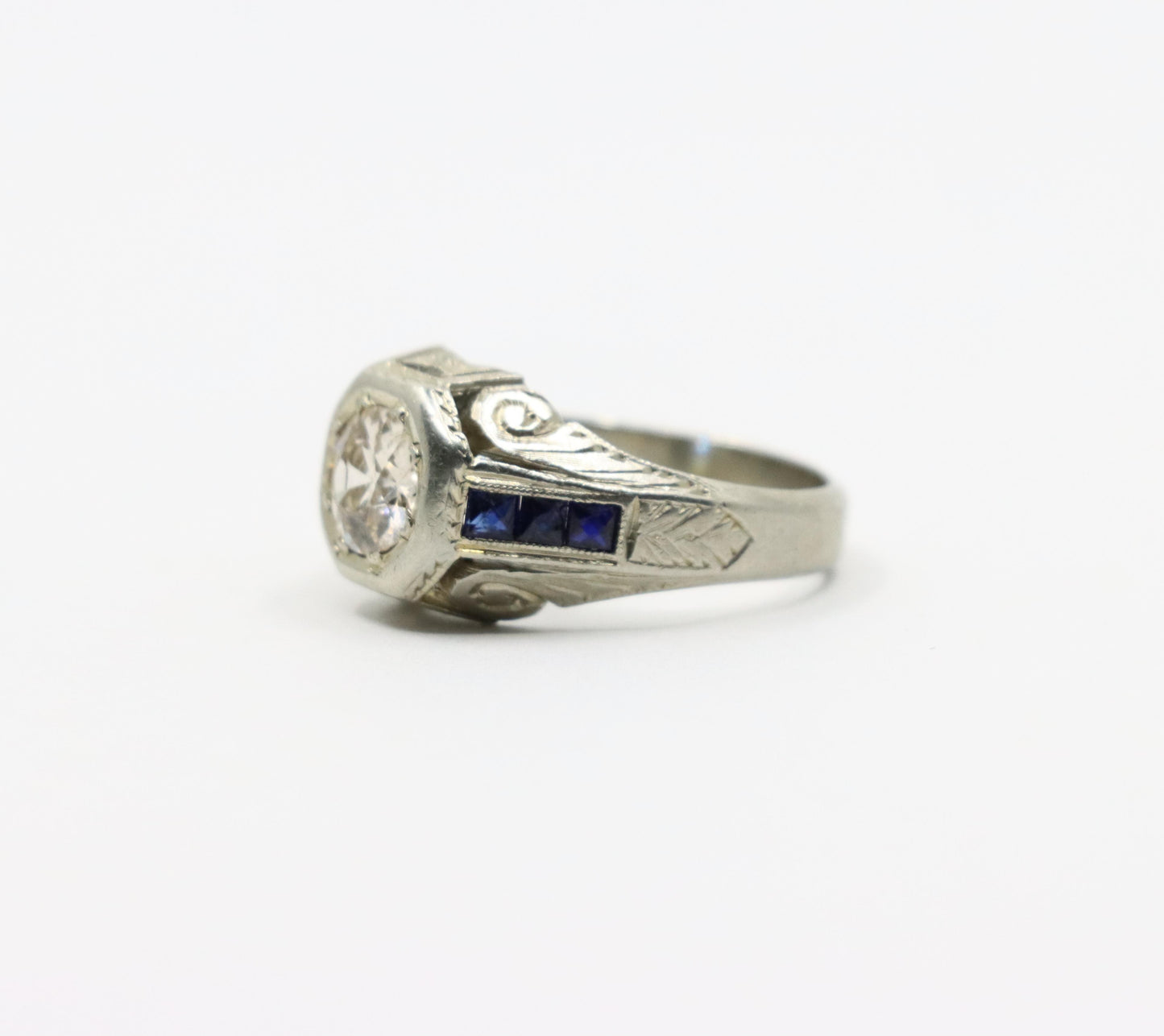 Art Deco Style 18K White Gold Sapphire 1.1 CT Diamond Ring