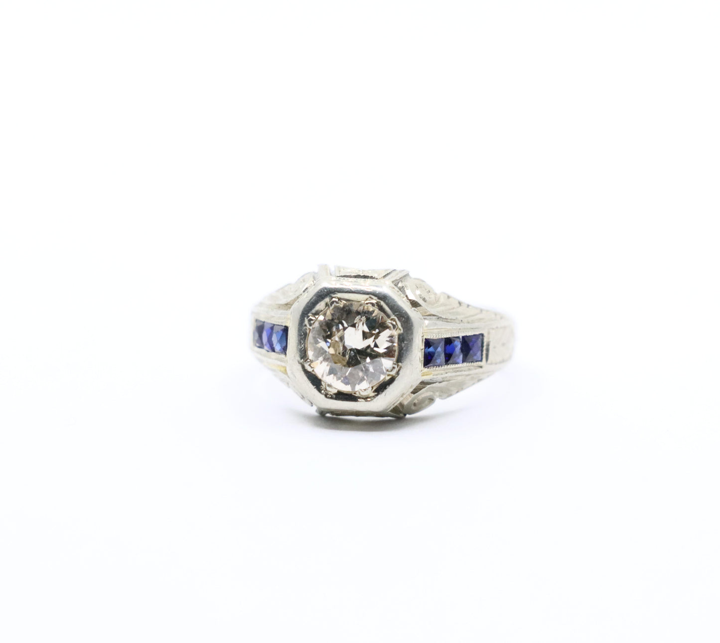 Art Deco Style 18K White Gold Sapphire 1.1 CT Diamond Ring