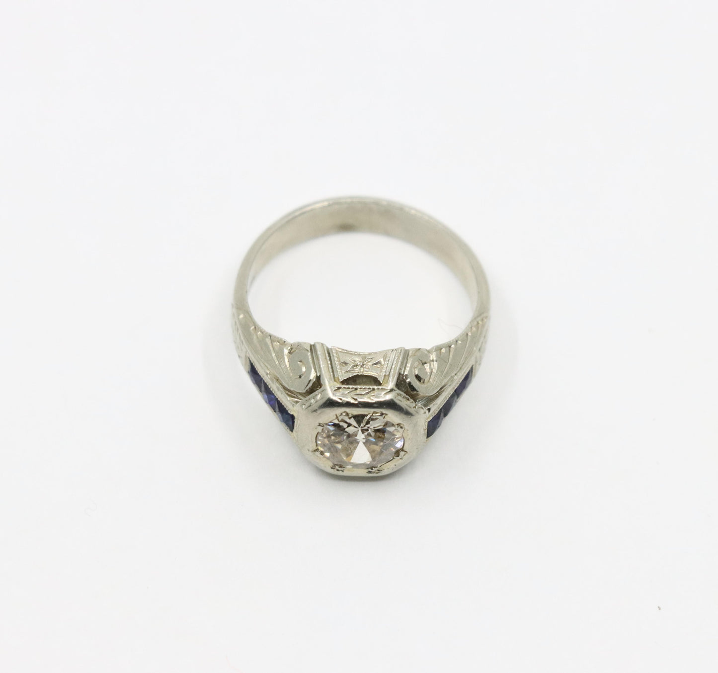 Art Deco Style 18K White Gold Sapphire 1.1 CT Diamond Ring