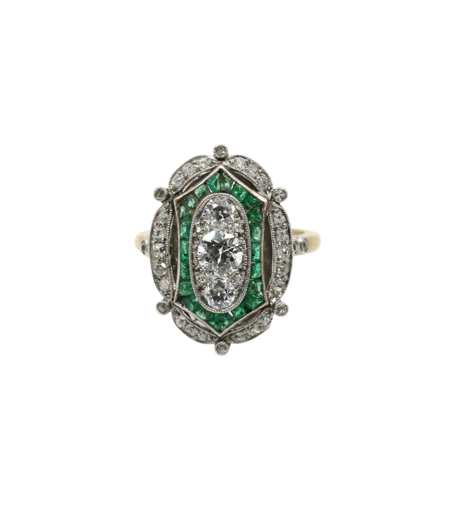 Art Deco 18K Gold & Platinum Diamond Emerald Ring