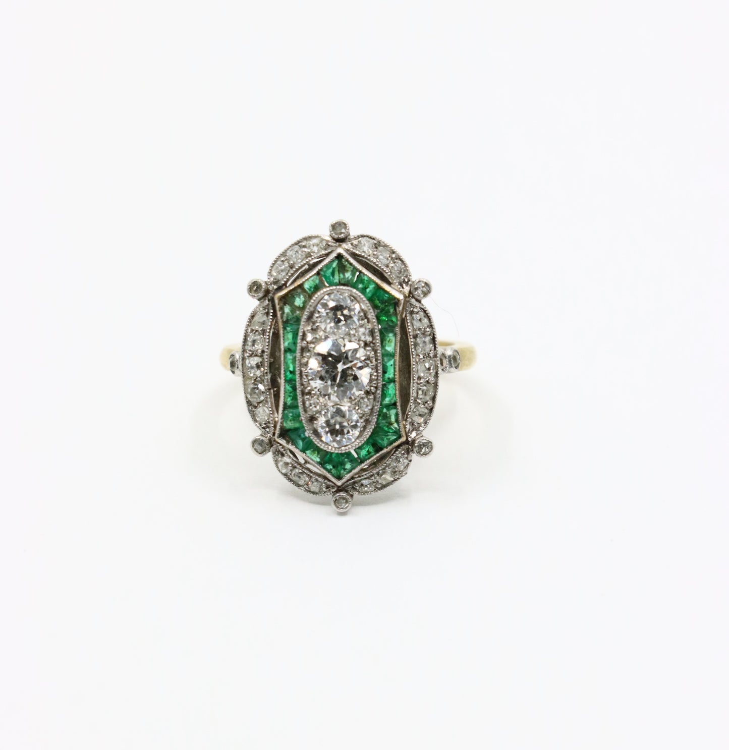 Art Deco 18K Gold & Platinum Diamond Emerald Ring