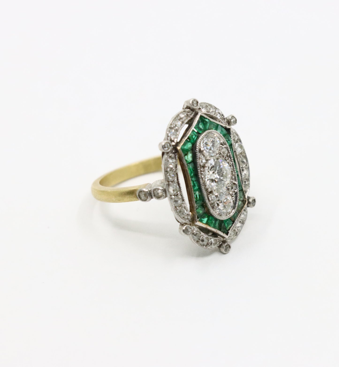 Art Deco 18K Gold & Platinum Diamond Emerald Ring