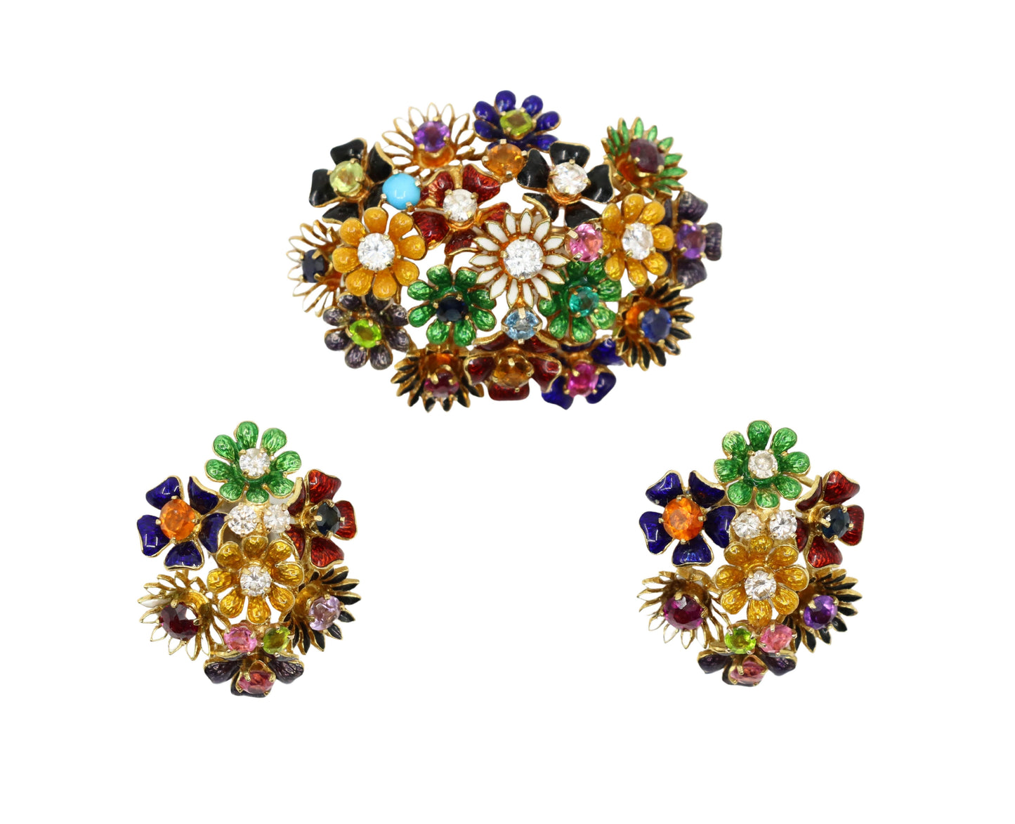 18K Gold Muti-Gem Enamel Flower Brooch & Earring