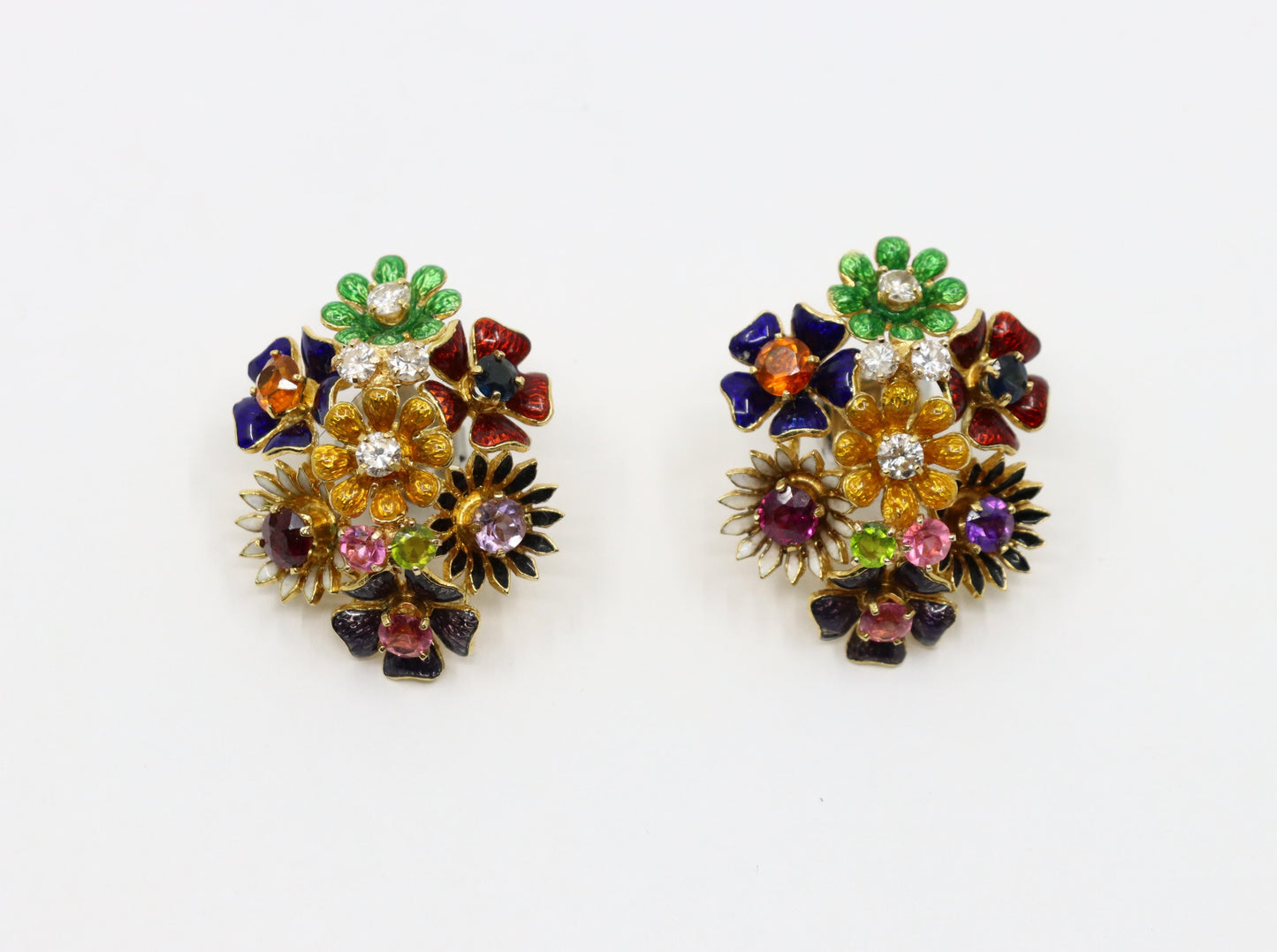 18K Gold Muti-Gem Enamel Flower Brooch & Earring