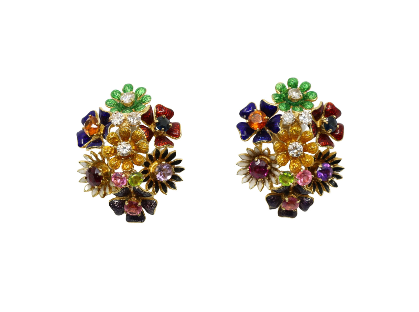 18K Gold Muti-Gem Enamel Flower Earring