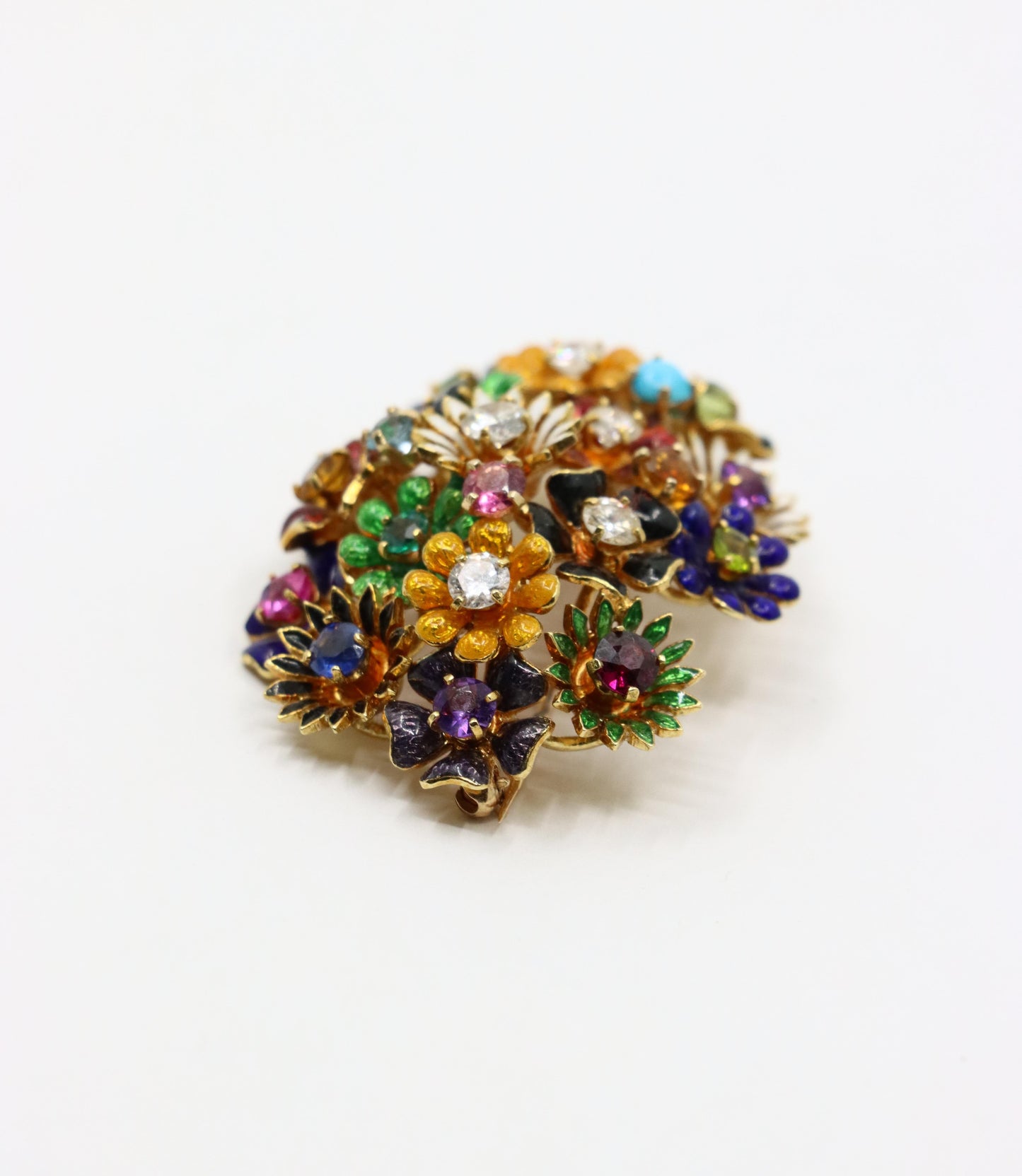18K Gold Muti-Gem Enamel Flower Brooch & Earring