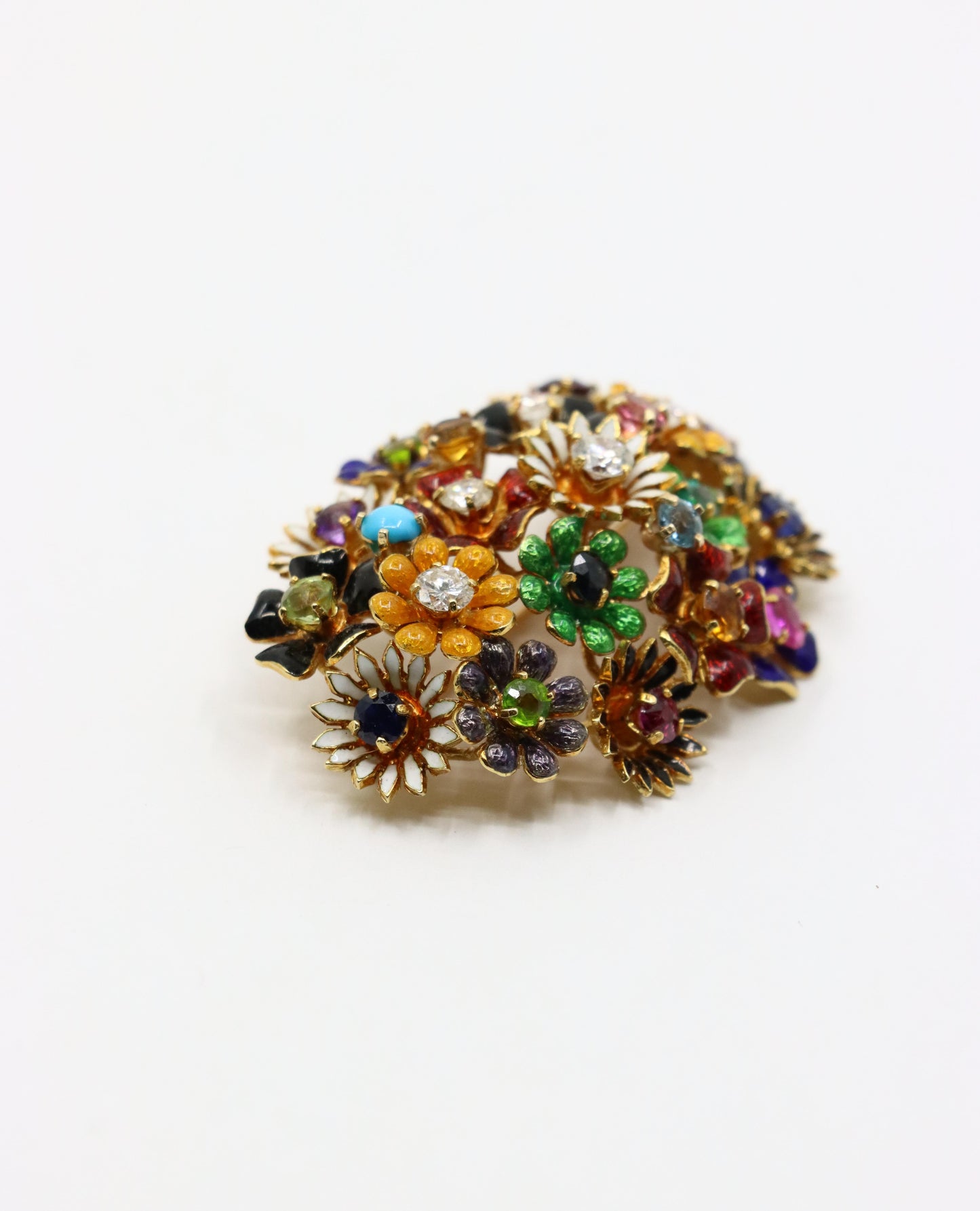 18K Gold Muti-Gem Enamel Flower Brooch & Earring