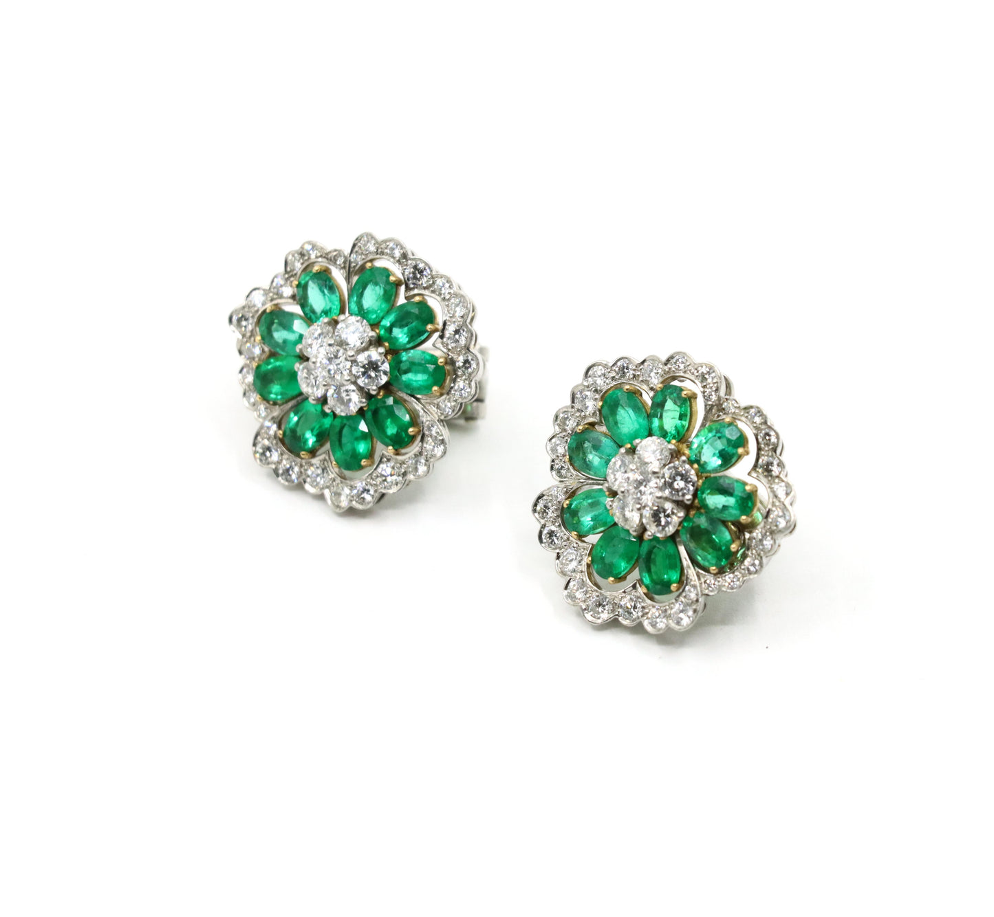 Van Cleef & Arpels 18K Gold & Platinum Diamond Emerald Flower Earrings