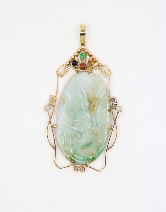 Vintage 14K Gold Engraved Jade Large Pendant