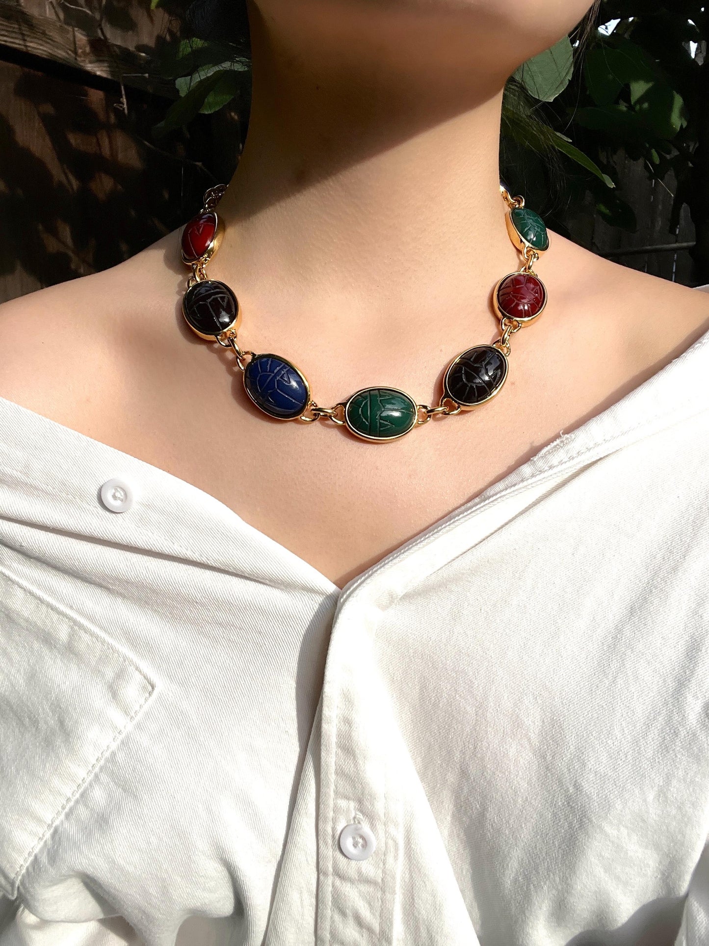 Vintage KJL Gold Tone Muti-Color Resin Chain Necklace
