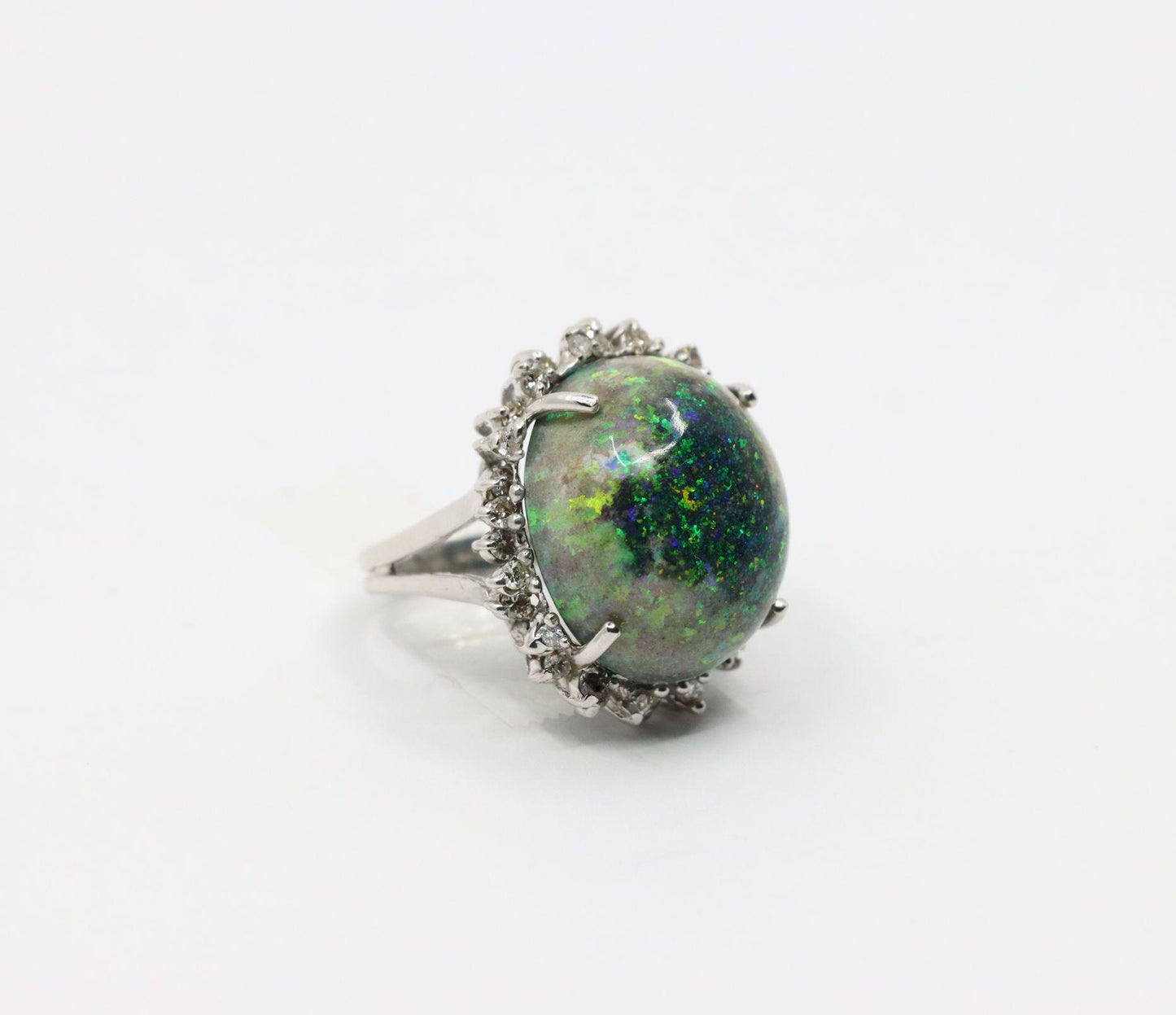 Vintage 14K White Gold Diamond Black Opal Cabochon Ring