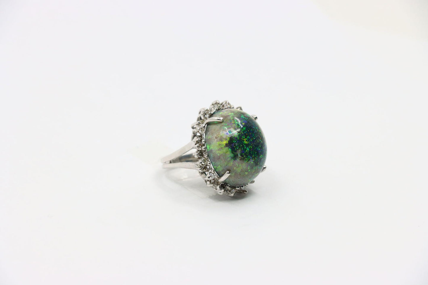 Vintage 14K White Gold Diamond Black Opal Cabochon Ring