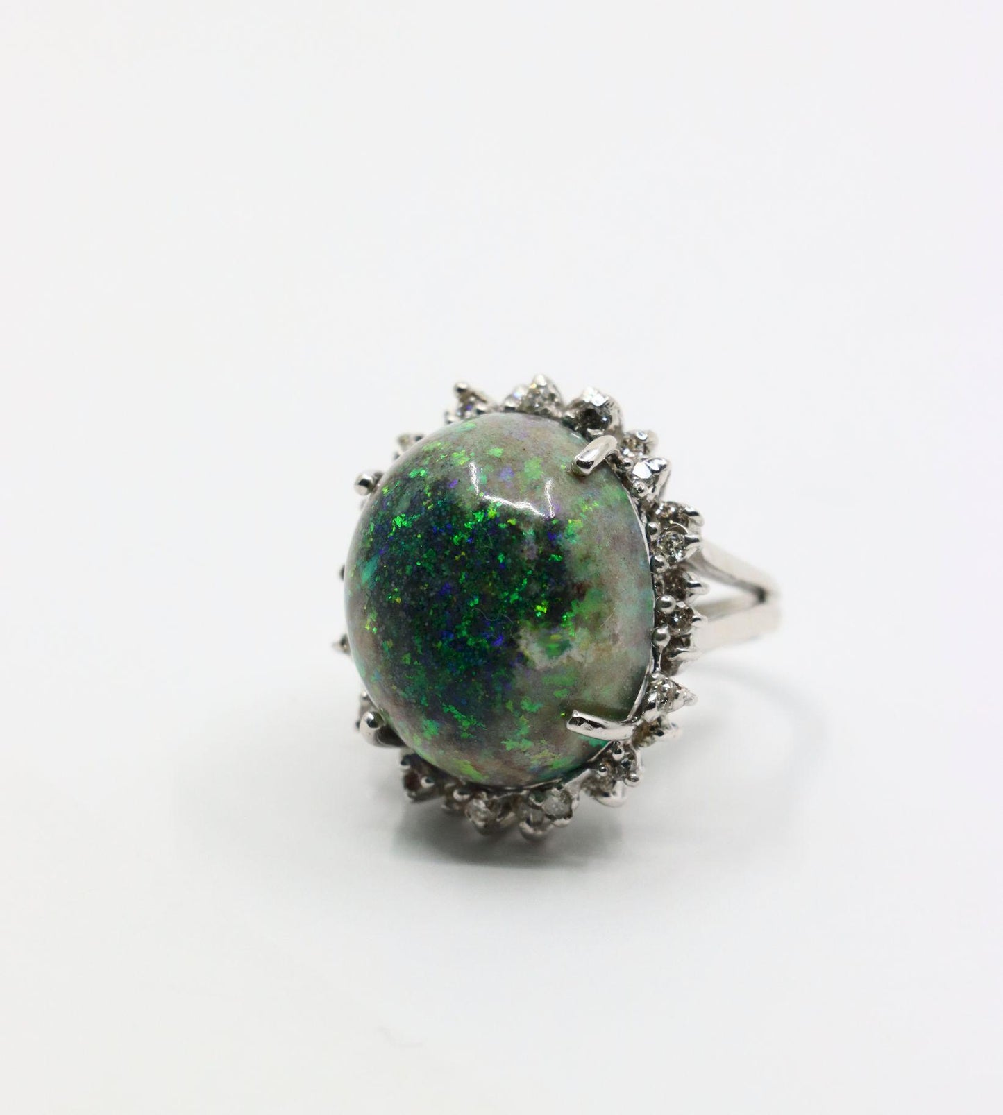 Vintage 14K White Gold Diamond Black Opal Cabochon Ring