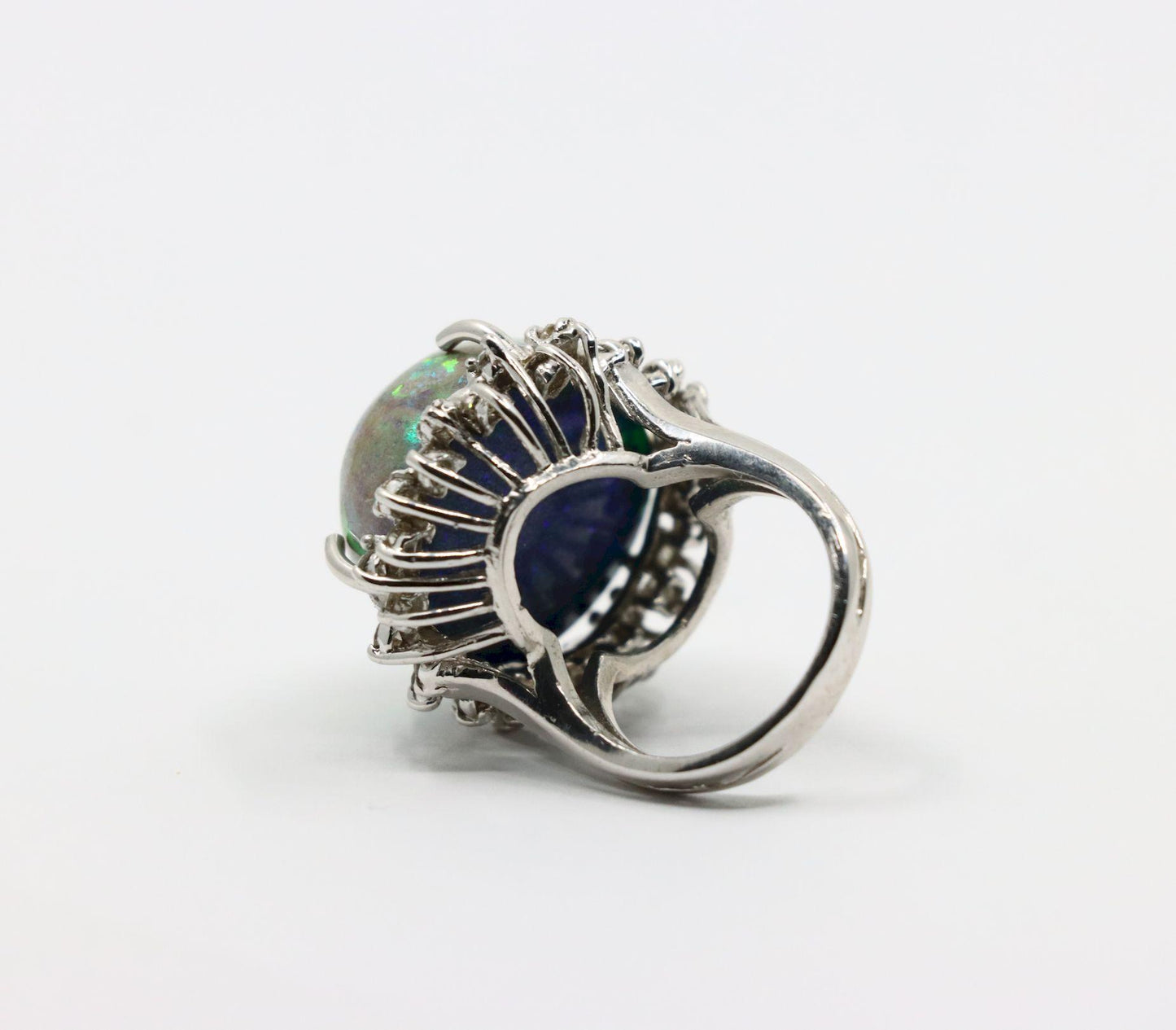 Vintage 14K White Gold Diamond Black Opal Cabochon Ring