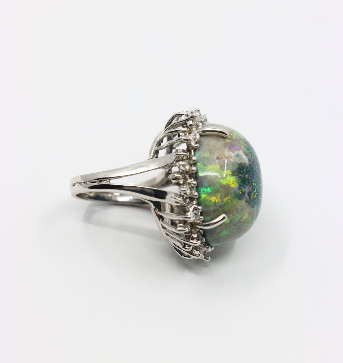 Vintage 14K White Gold Diamond Black Opal Cabochon Ring