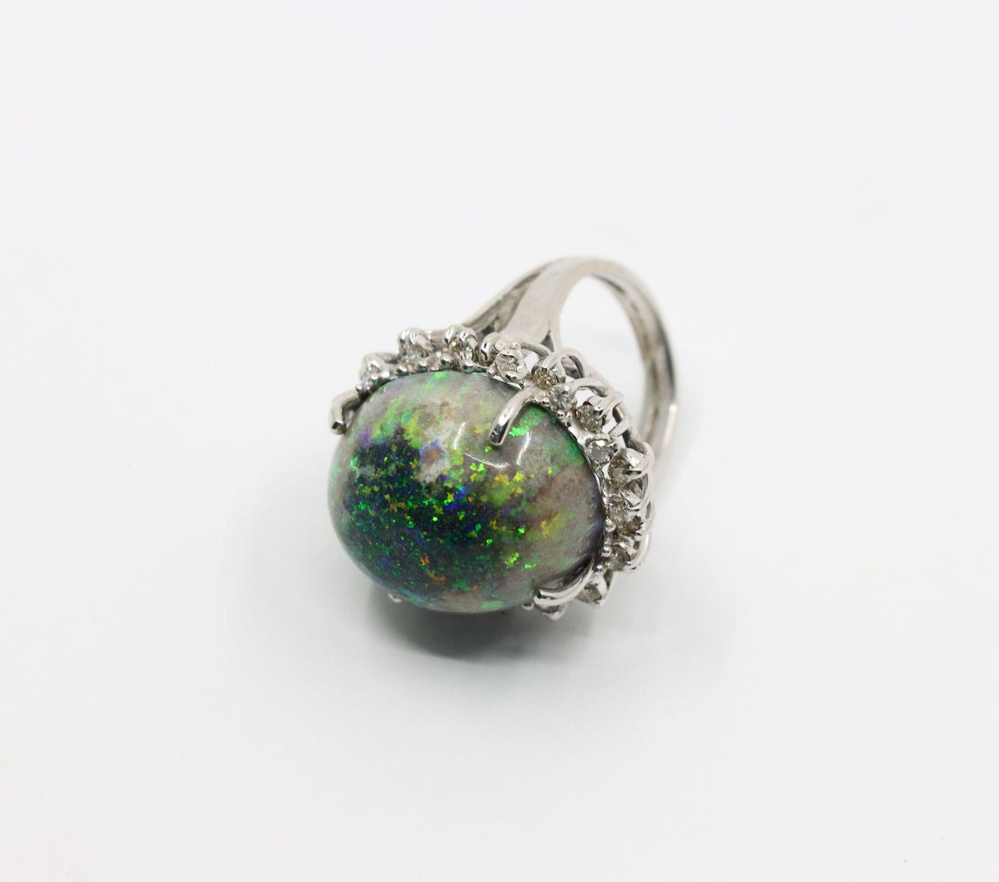 Vintage 14K White Gold Diamond Black Opal Cabochon Ring