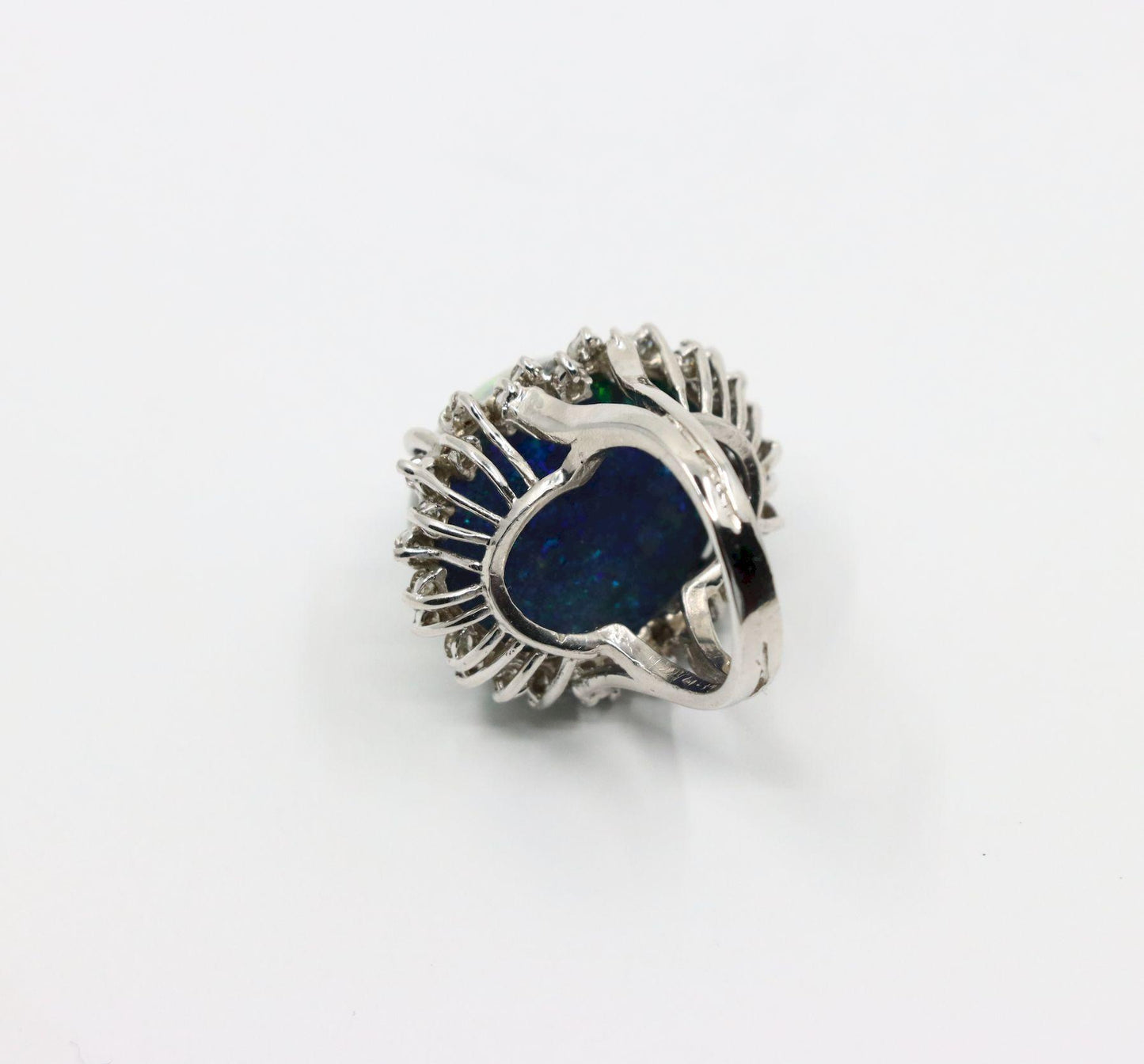 Vintage 14K White Gold Diamond Black Opal Cabochon Ring