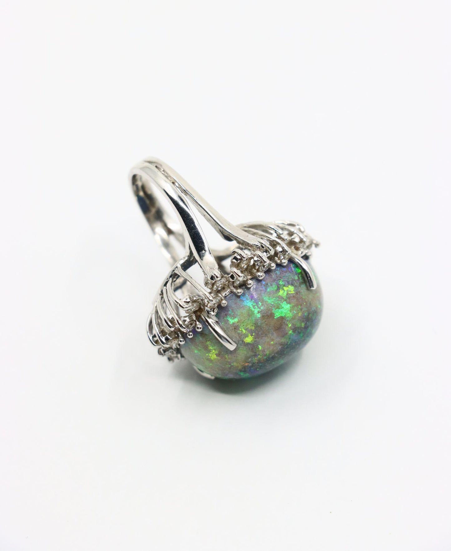 Vintage 14K White Gold Diamond Black Opal Cabochon Ring