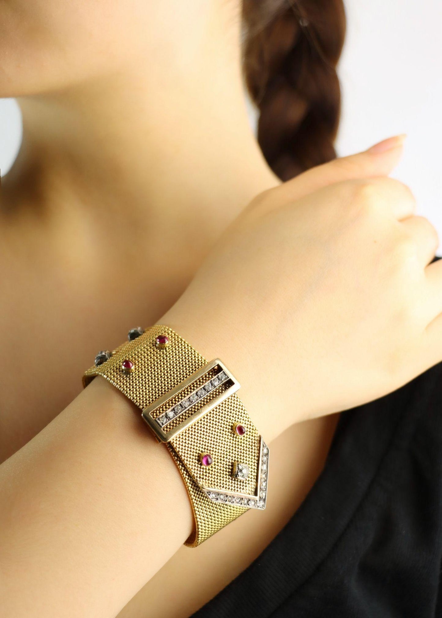 Antique Victorian 18K Gold Ruby Diamond Belt Bracelet