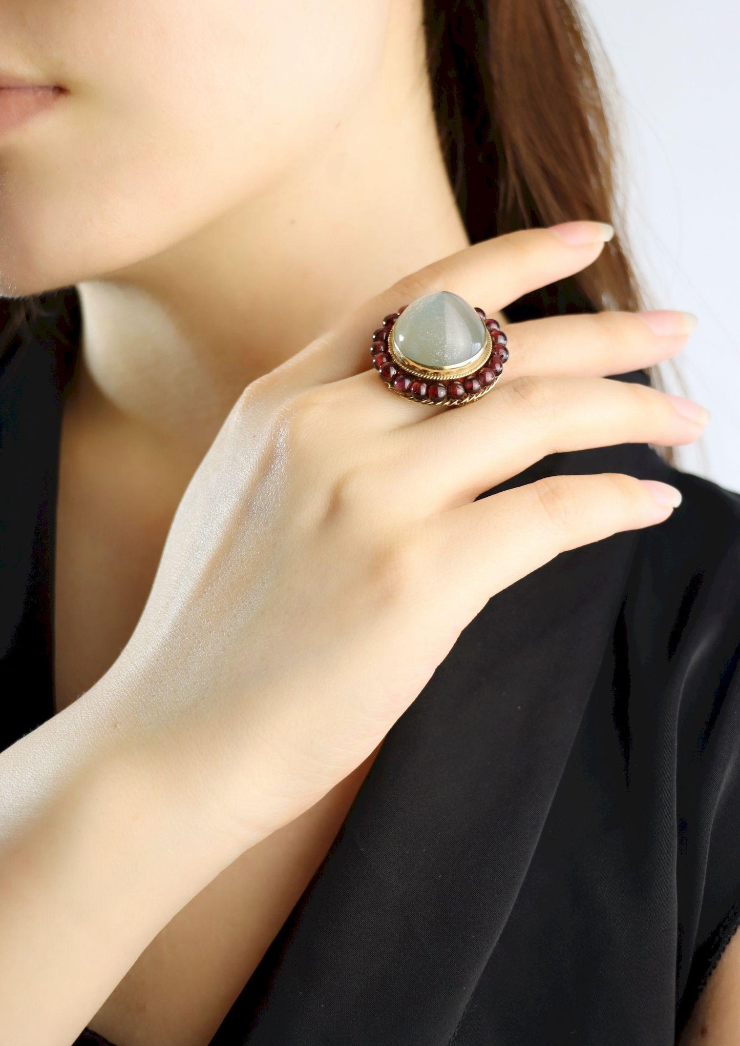 14K Gold Garnet Beads Moonstone Ring