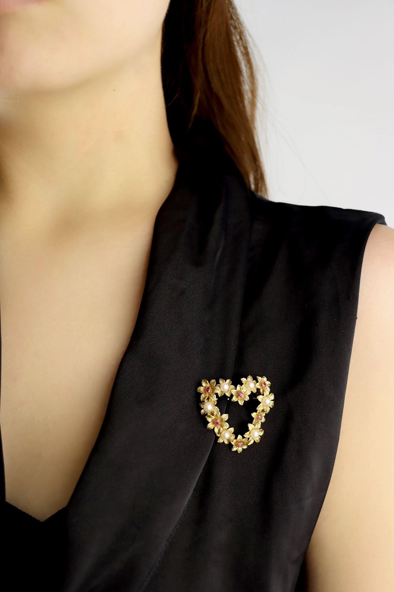Vintage Tiffany & Co. 18k Gold Ruby Pearl Heart Brooch Pin