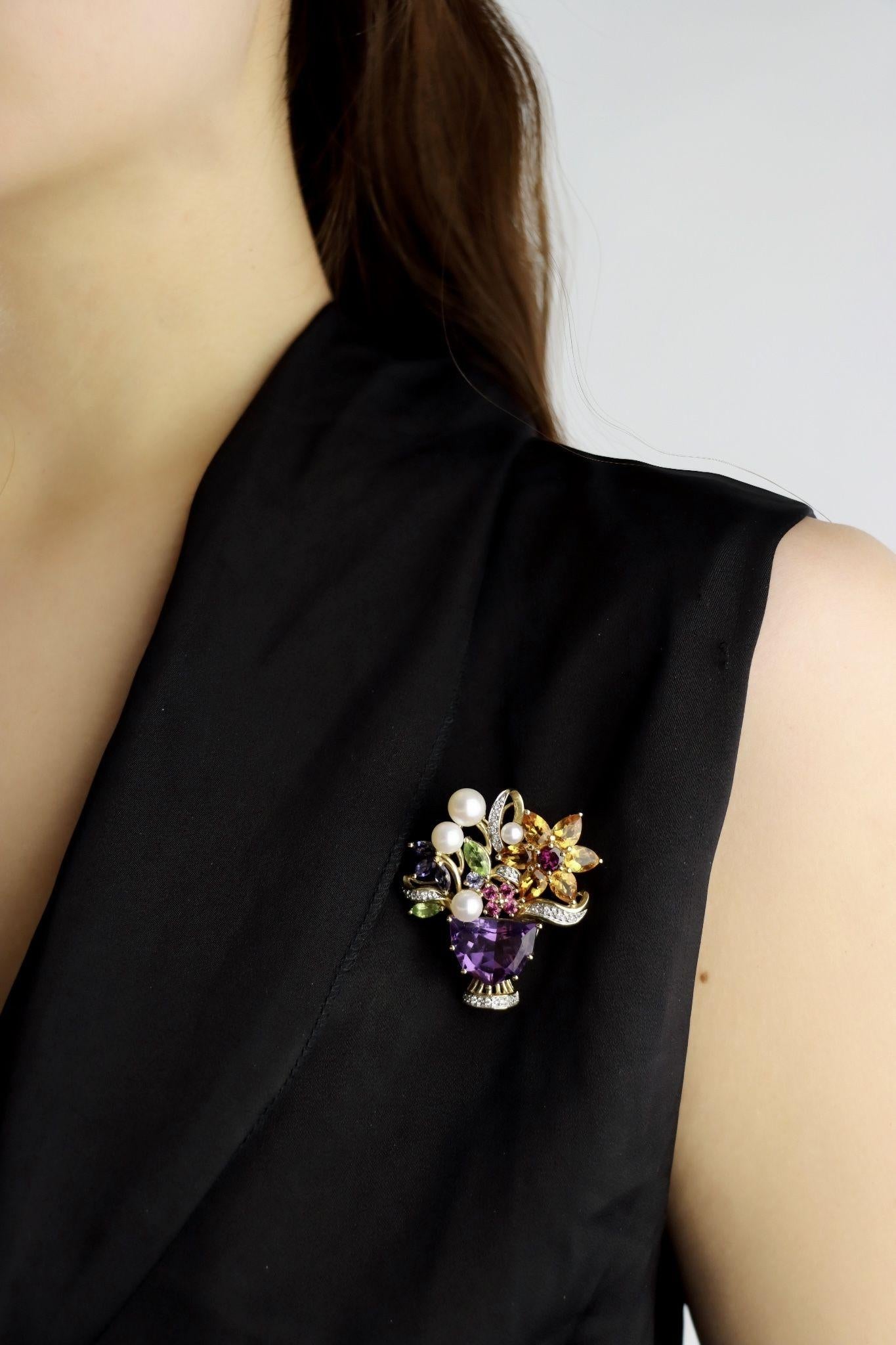 14K Gold Muti-Gemstone Blossom Bouquet Brooch