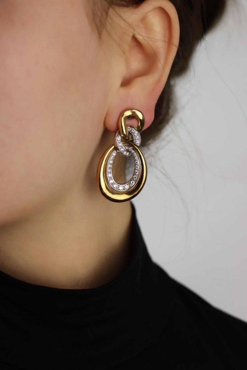 Vintage 18K White & Yellow Gold Diamonds Twisted Double Oval Hoop Earrings
