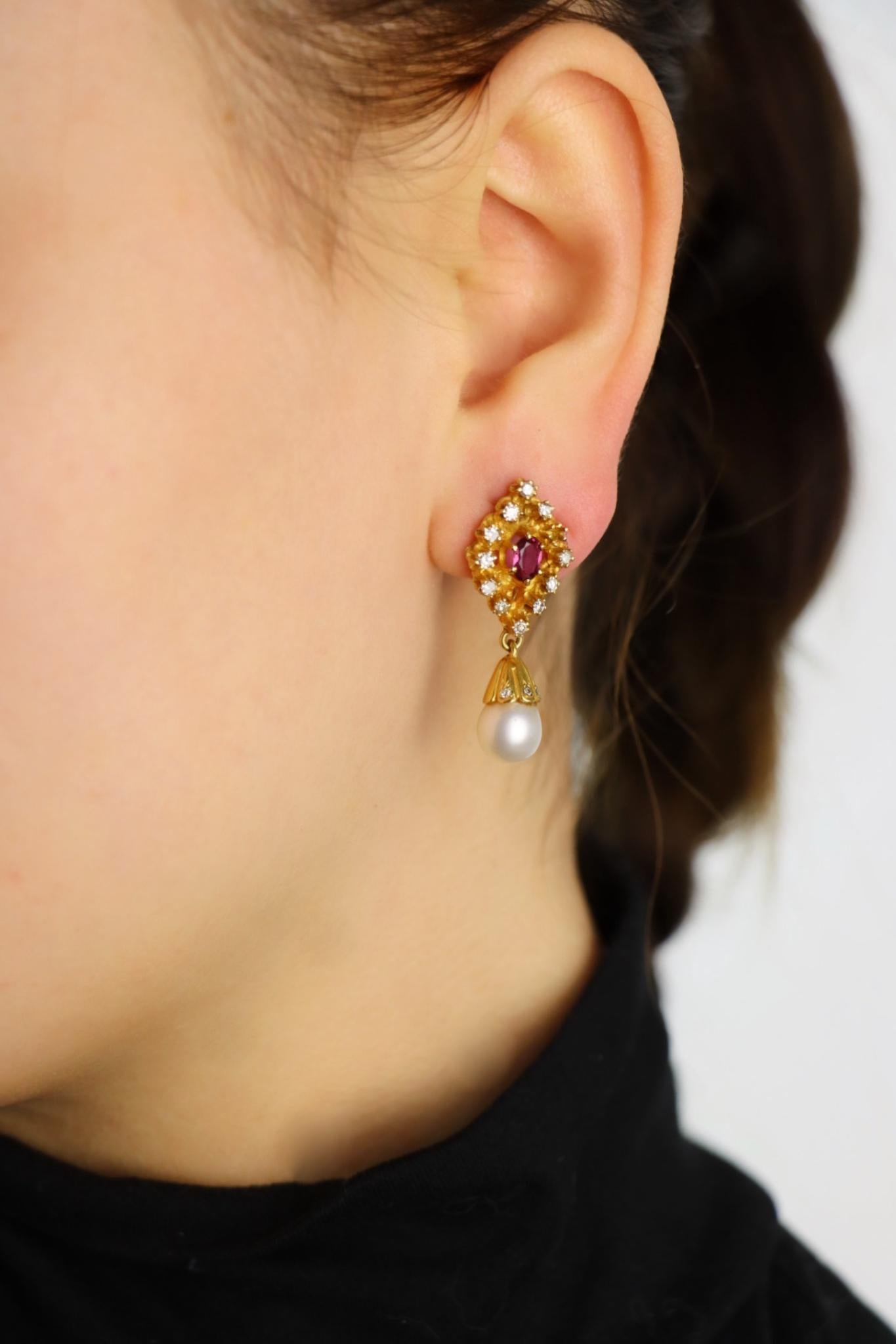 Vintage 14k Gold Ruby Diamonds Pearl Earrings