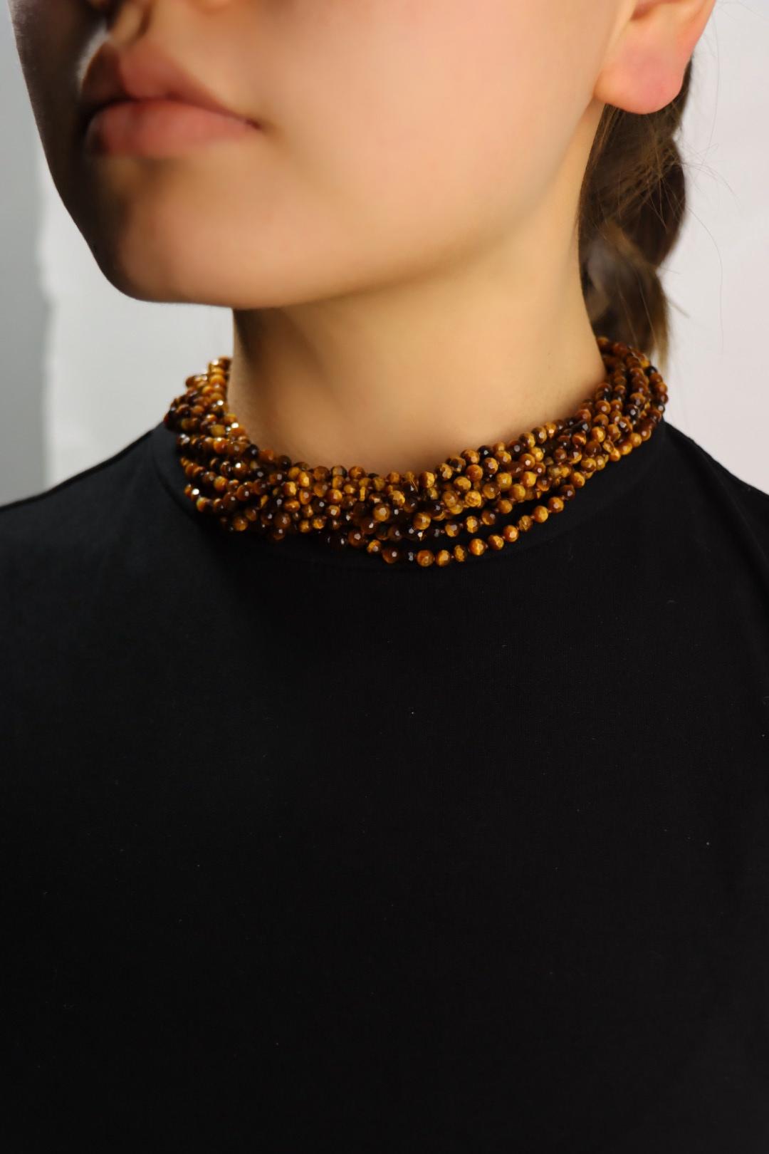 Tiffany & Co 18K Gold Multi-stands Tiger's Eye Beads Necklace