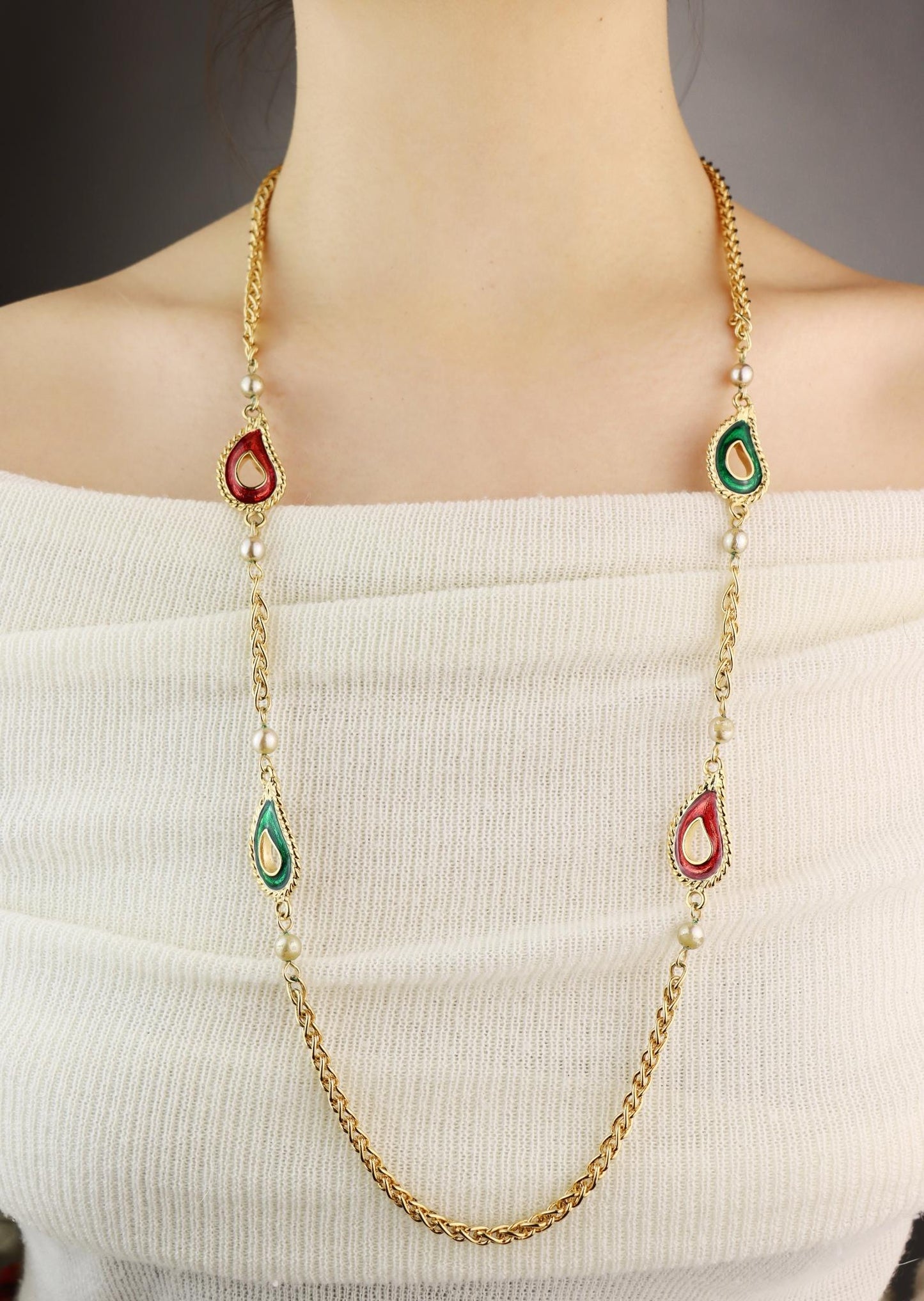 Vintage KJL Gold Tone Enamel Faux Pearl Chain Necklace