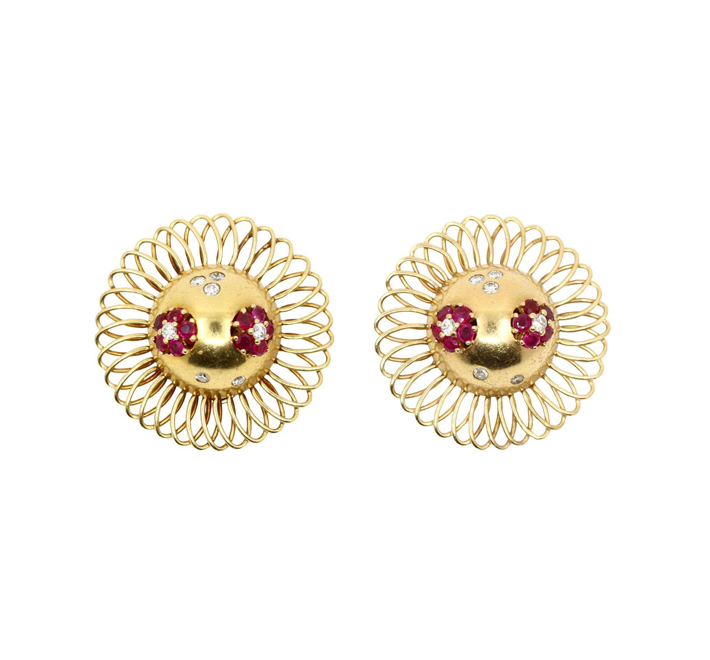 Retro 14K Gold Ruby Diamond Sunflower Earrings