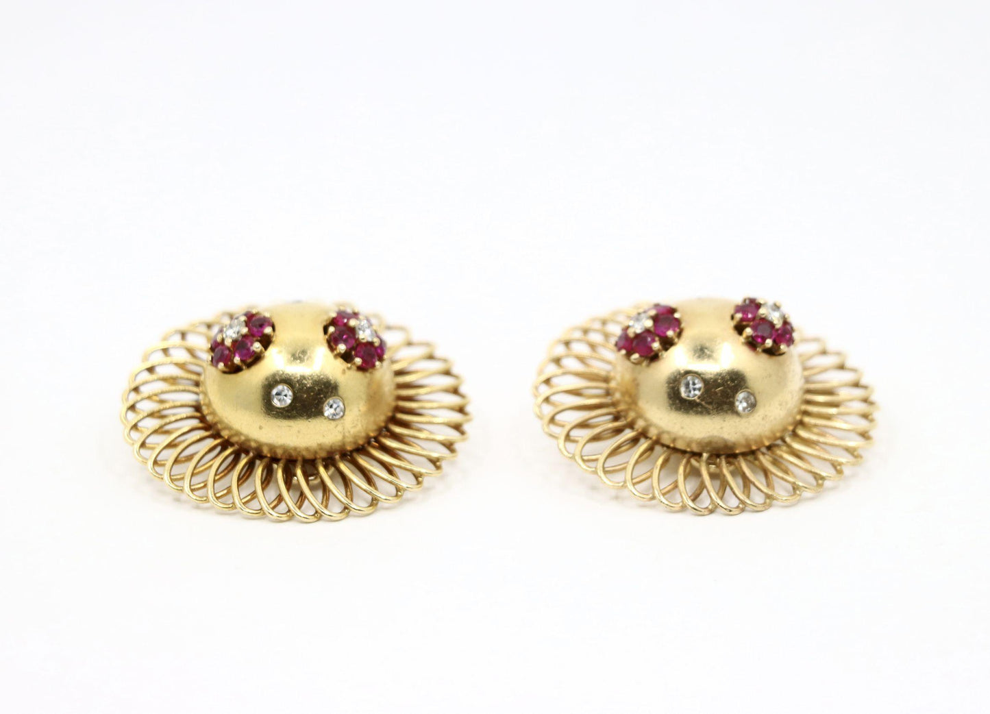 Retro 14K Gold Ruby Diamond Sunflower Earrings