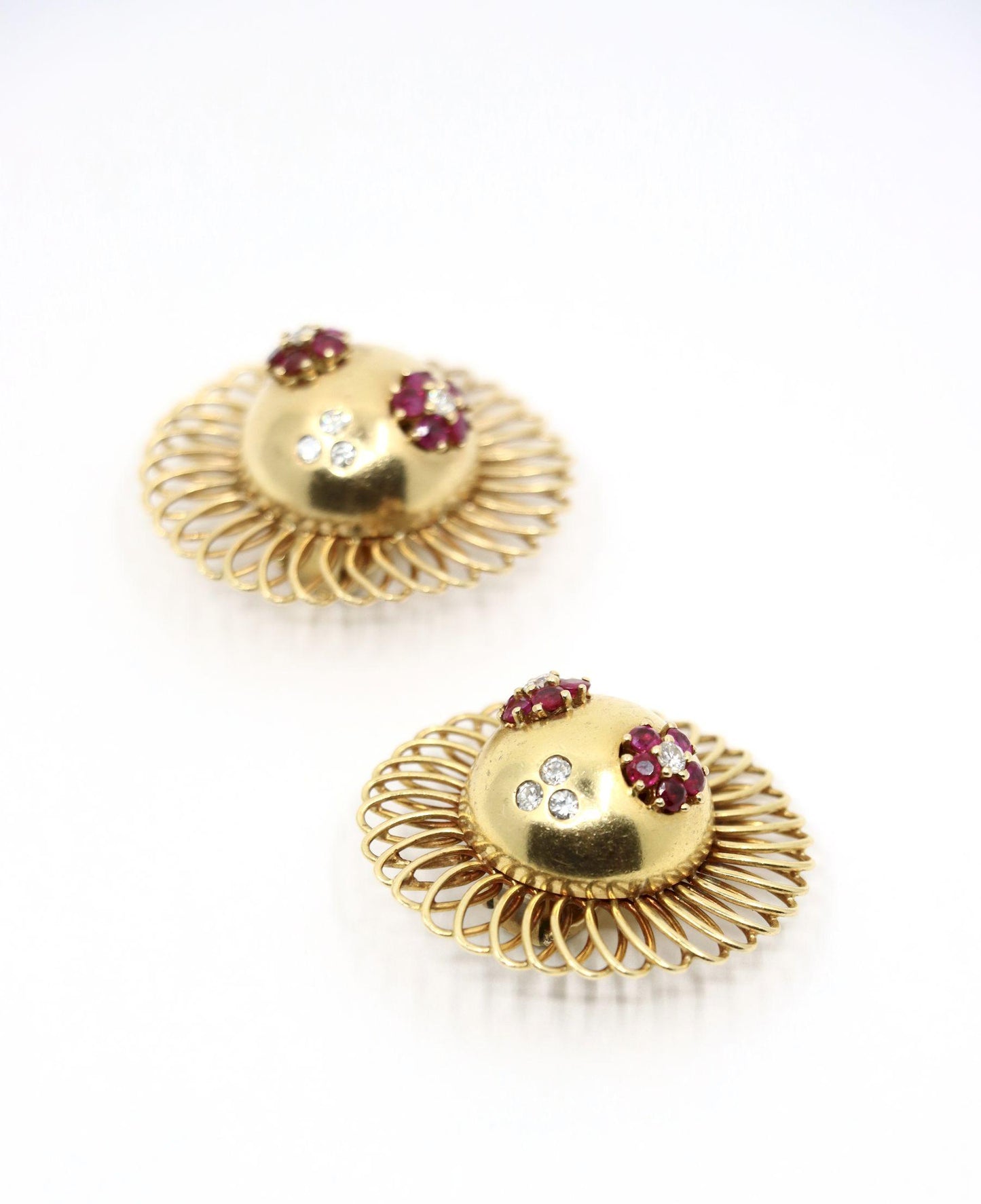Retro 14K Gold Ruby Diamond Sunflower Earrings
