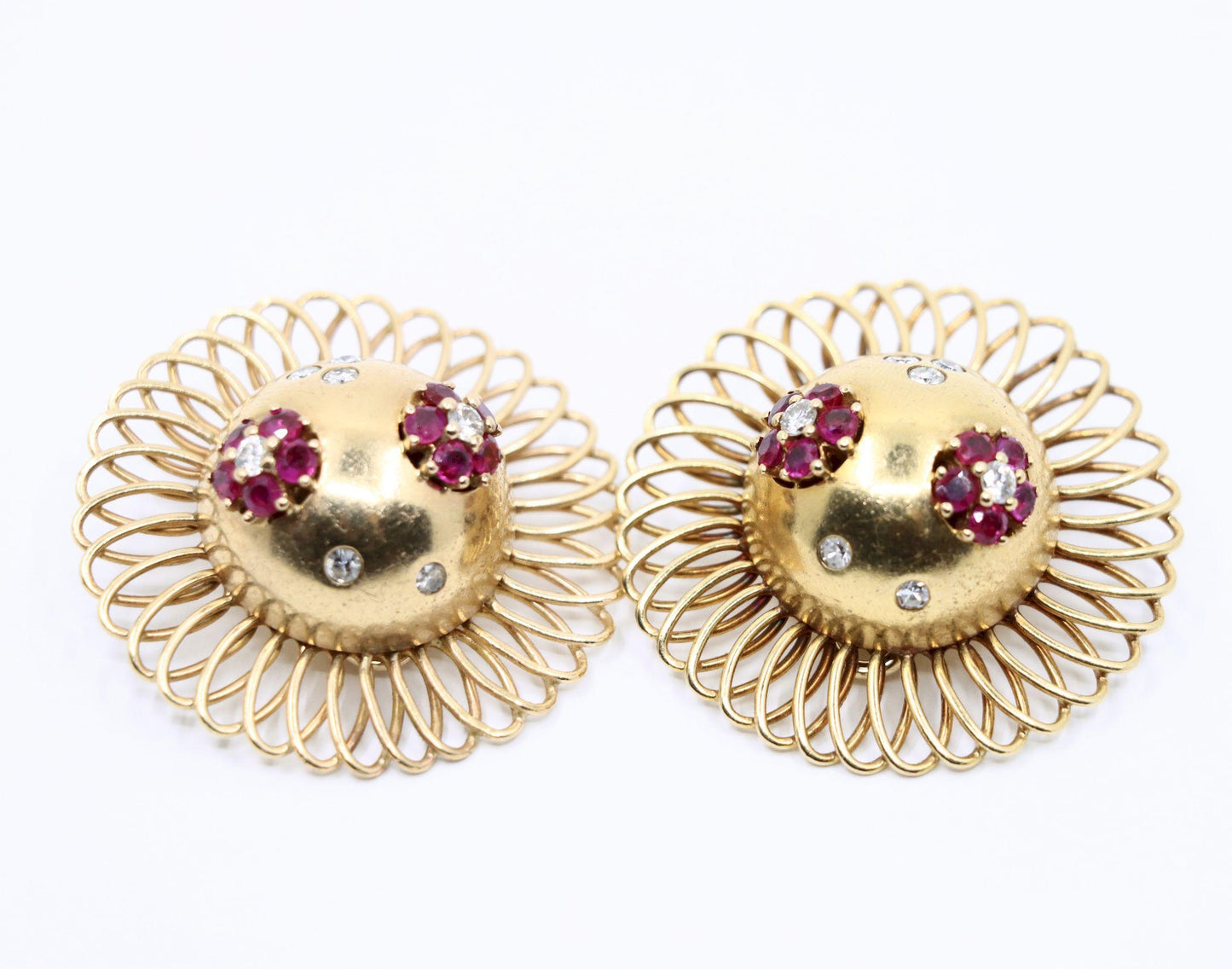 Retro 14K Gold Ruby Diamond Sunflower Earrings