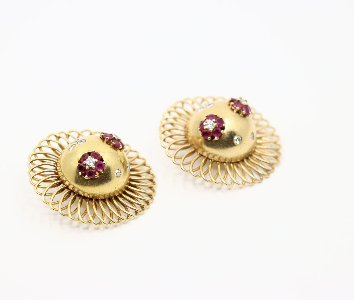 Retro 14K Gold Ruby Diamond Sunflower Earrings