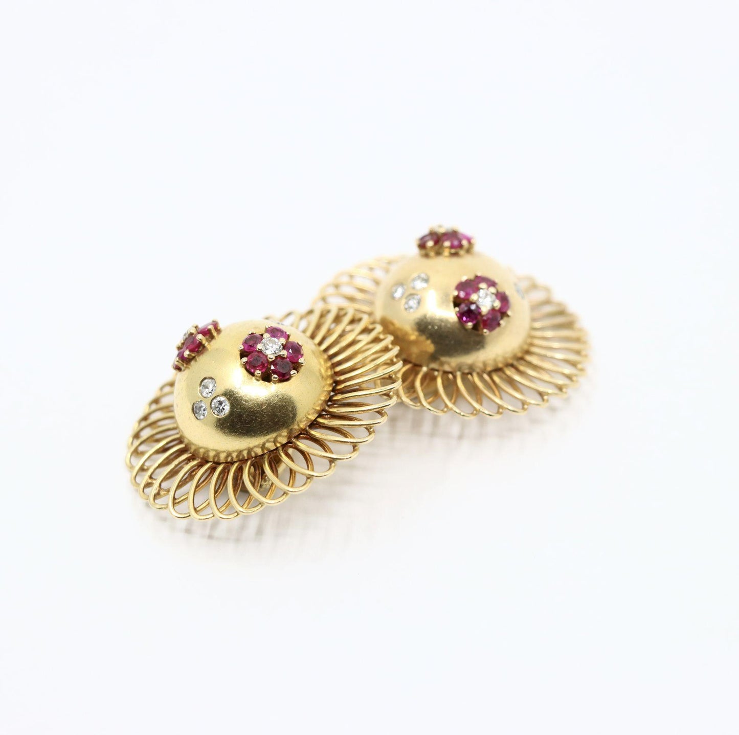 Retro 14K Gold Ruby Diamond Sunflower Earrings