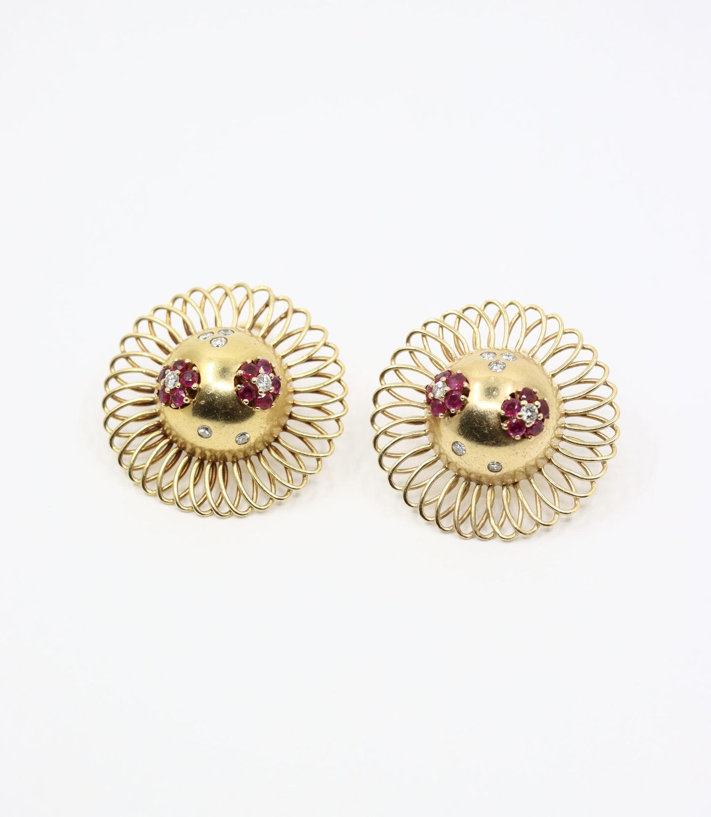 Retro 14K Gold Ruby Diamond Sunflower Earrings