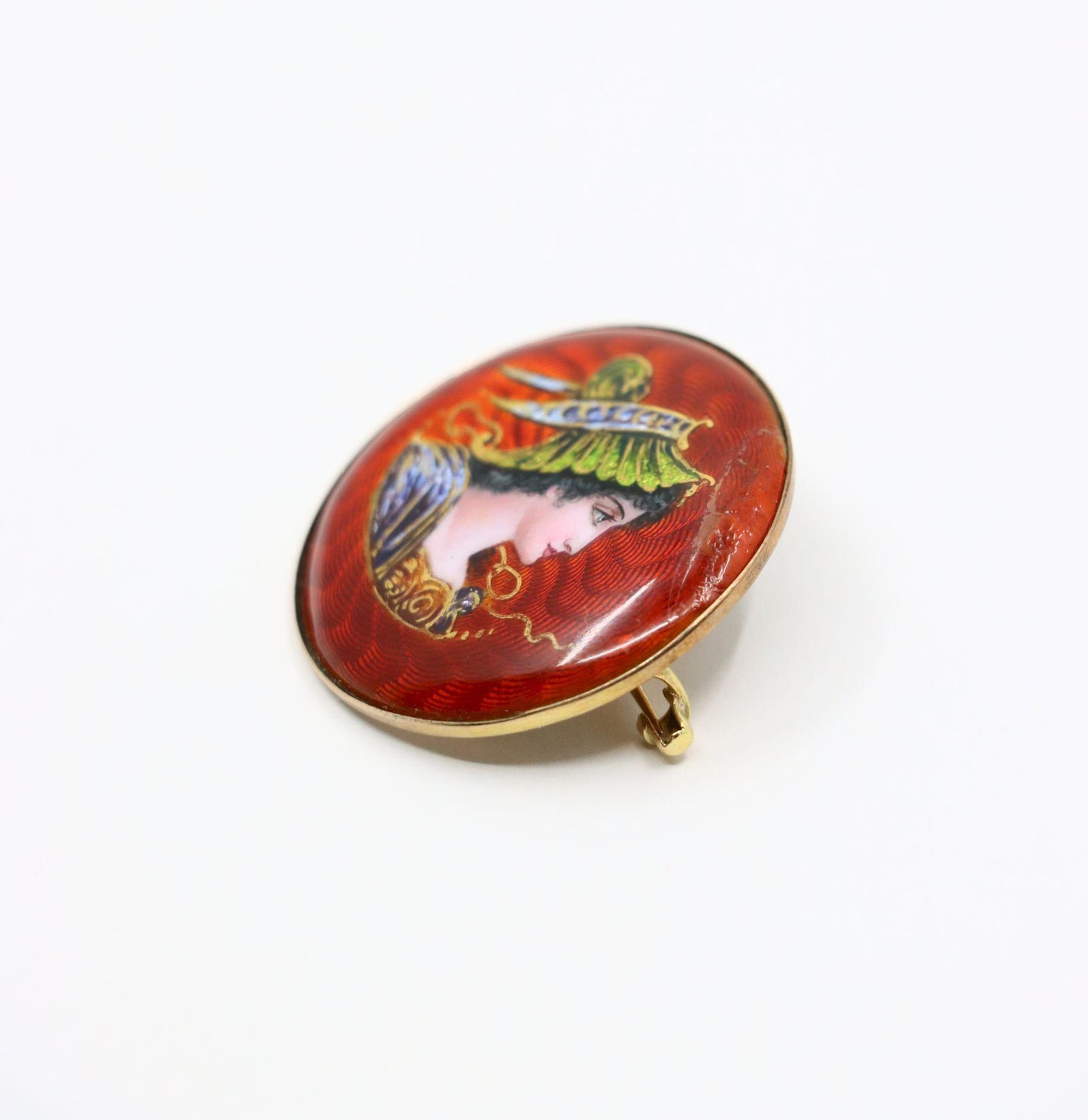 Vintage 14K Gold Enamel Painted Brooch Pin