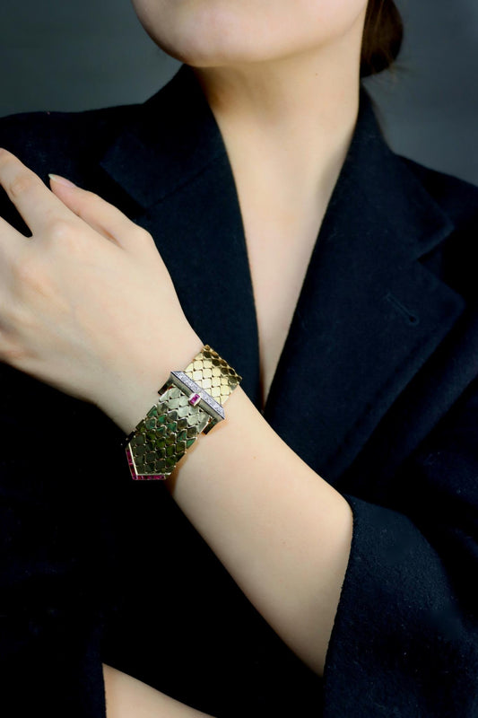 Retro 14K Gold Ruby Diamonds Buckle Bracelet